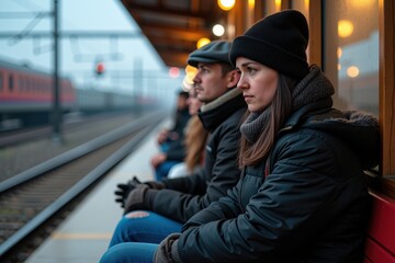 Fototapeta premium Contemplative Travelers Waiting at a Train Station