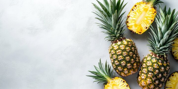 Pineapples on a light gray backdrop with vibrant green leaves and cut pieces arranged artistically offering ample space for text overlay