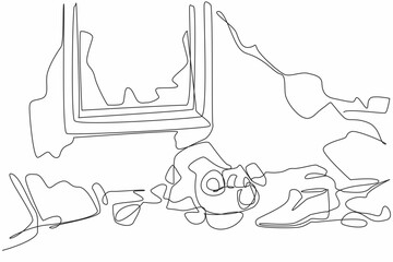 Continuous one line drawing old broken gas mask near broken window. The worst nuclear reactor accident in history. International Chernobyl Remembrance Day. Single line draw design vector illustration