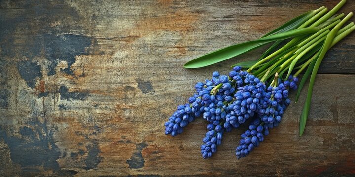 Blue grape hyacinths arranged on a weathered wooden surface with green leaves creating a vibrant contrast against rustic textures. - Powered by Adobe