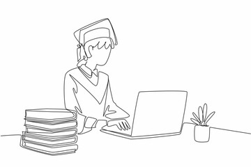 Single one line drawing a woman wearing a graduation gown with hat. Typing on laptop to fill in personal data. Online graduation. National Dissertation Day. Continuous line design graphic illustration