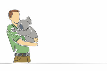 Single continuous line drawing a man in casual clothes carrying a koala. a man in casual clothes carrying a koala. Pampering with humans. Hug an Australian Day. One line design vector illustration