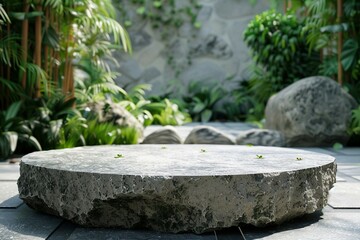 Zen garden setting featuring smooth stone steps surrounded by lush greenery.
