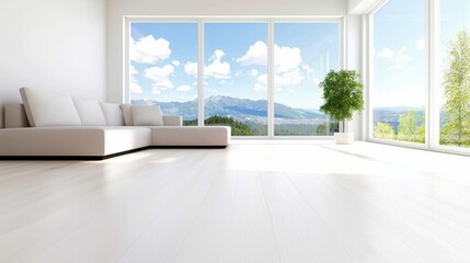 Scandinavian Inspired Beige Living Room Minimalist Scandinavian living room with a beige sectional sofa, large windows overlooking a natural landscape, and simple, functional furniture.