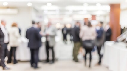 A corporate event with professionals mingling, blurred for a focus-friendly overlay.