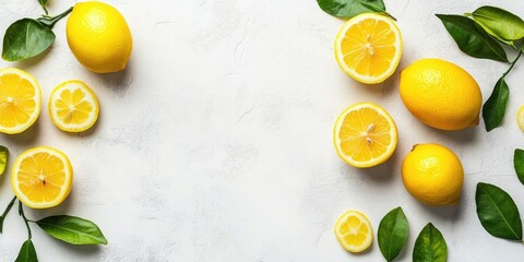 Vibrant yellow lemons and fresh green leaves arranged on a neutral white concrete background creating a bright and refreshing vitamin C concept.