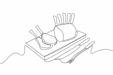 Continuous one line drawing prime rib with bones and 2 small slices on square wooden tray. Juicy meat near the bone. Very delicious. National Prime Rib Day. Single line draw design vector illustration
