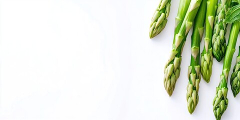 Fresh organic green asparagus arranged diagonally on a white background with ample copy space for text on the left side of the image