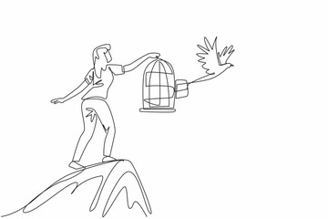 Single continuous line drawing a woman in casual clothes stood on a hill releasing birds. Giving freedom to animals. Unlimited free flight. National Go Birding Day. One line design vector illustration