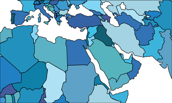 Middle East map with regions vector illustration,Middle East Political map and administrative divisions, vector illustration map of Middle East with borders, colorful map of Middle East.