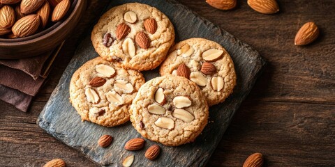 Fototapeta premium Freshly baked almond cookies displayed on a dark stone board with whole almonds scattered on a rustic wooden background, top view, soft focus.