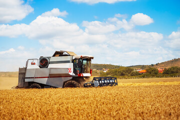 Obraz premium A powerful harvester cuts through a vast wheat field, surrounded by rolling hills and fluffy clouds.