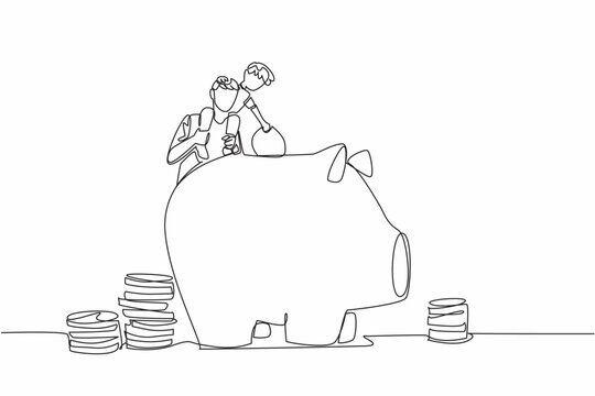 piggy bank with person and coins, line art clip art preview