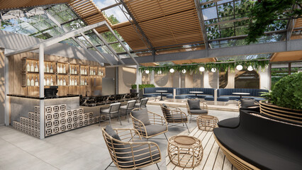 Minimalist Industrial Cafe restaurant Design.3d rendering perspective.Isomatric view.