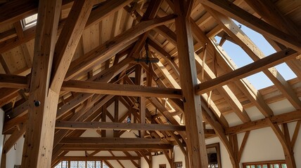 Obraz premium Exposed Beams & Triangular Trusses in Rustic Cathedral Ceiling V3