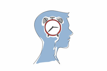Continuous one line drawing the alarm clock inside the human head. The brain processes all organs naturally. Works 24 hours a day. Biological Clock Day. Single line draw design vector illustration