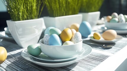 Colorful Easter eggs in a white bowl on a table with striped decor, surrounded by bright green plants, celebrating springtime festivity