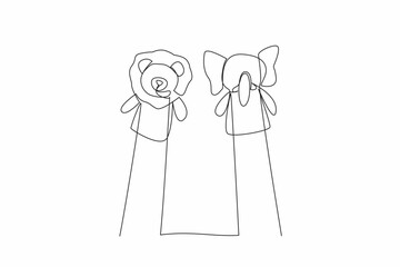Continuous one line drawing 2 hands with elephant and lion hand puppets in the hands. The story of their friendship. Suitable. National Day of Puppetry. Single line draw design vector illustration