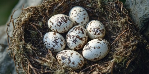 Fototapeta premium Nest of Japanese Quail eggs in natural habitat, featuring eight speckled white eggs resting in a round brown mossy nest with soft earthy tones.