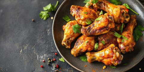 Fototapeta premium Golden chicken wings seasoned with spices on a dark plate garnished with herbs surrounded by scattered colorful peppercorns vertical composition