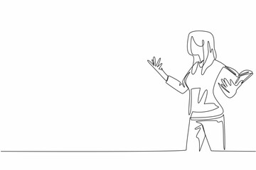 Single continuous line drawing woman in casual clothes reading a book or poetry in attractive pose. Practice seriously before performance. Great Poetry Reading Day. One line design vector illustration
