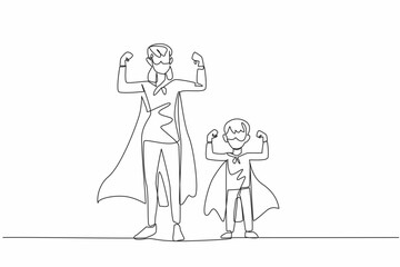 Single one line drawing a mother and a boy raise both hands showing off their arm muscles. Services of mother exceed superheroes. Autism Super Mom Day. Continuous line design graphic illustration