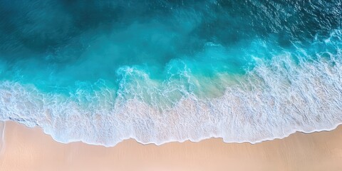Aerial view of gentle sandy shore with turquoise ocean waves softly lapping on light beige beach illustrating tranquility and natural beauty.
