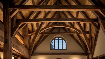 Obraz premium Exposed Beams & Triangular Trusses in Rustic Cathedral Ceiling V7