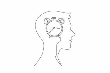 Continuous one line drawing the alarm clock inside the human head. The brain processes all organs naturally. Works 24 hours a day. Biological Clock Day. Single line draw design vector illustration