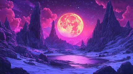 Fototapeta premium Ethereal Nightscape Giant Pink Moon Over a Frozen, Fantastical Landscape