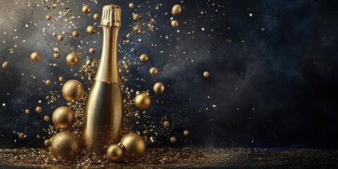 Champagne bottle surrounded by gold decorations and shimmering baubles on a dark background creating a festive holiday celebration atmosphere.