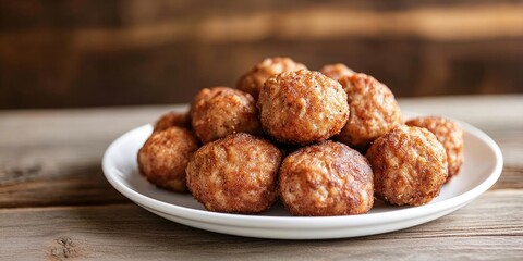 Crispy fried garlic pepper pork balls arranged on a white plate with a warm wooden backdrop creating a rustic and inviting atmosphere