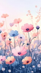 Pastel Cosmos Flowers Blooming in a Soft Sunset Glow