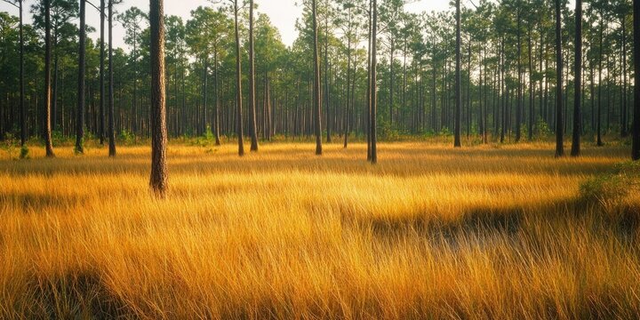 Golden grasses sway gently under soft sunlight in a serene wetland, surrounded by tall green longleaf pine trees creating a tranquil atmosphere.
