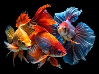 Fototapeta premium Siamese Fighting Fish, Goldfish, Black Background - Aquatic Trio Portrait
