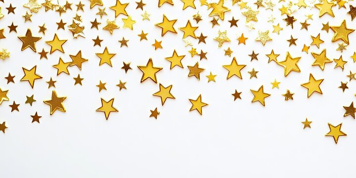 Golden star-shaped confetti scattered diagonally on a clean white background creating a festive minimalist design perfect for party invitations