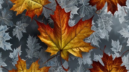 Fototapeta premium Frost-Covered Maple Leaf Autumn Colors & Intricate Veins V4