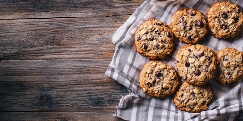 Freshly baked chocolate chip oatmeal cookies arranged on a rustic table with wooden texture and a striped cloth in soft tones of beige and brown