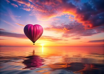 Fototapeta premium Silhouette Pink Heart Hot Air Balloon Sunset Sea Stock Photo