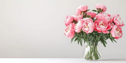 Fototapeta premium Elegant bouquet of pink peonies in a clear vase placed on a white table against a soft light gray background with ample copy space on the right