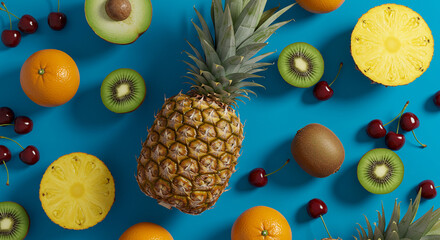 Fresh Tropical Fruit Flatlay Pineapple Kiwi Orange Cherry