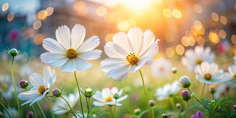 Soft Focus White Cosmos Flowers, Blurred Background, Architectural Photography