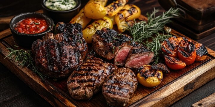 Grilled meat platter with perfectly charred steaks and colorful vegetables on a rustic wooden board with green herbs and dipping sauces on the side