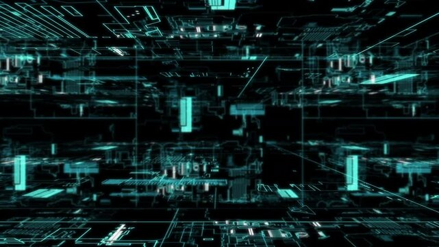 A high-tech, digital crafted abstract motion grid set in a cyber environment, highlighting big data visualization and AI simulations, ideal for use as a dynamic digital background in motion graphic.