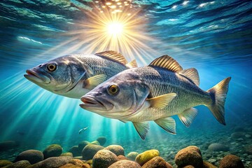 Naklejka premium Two Sea Bass Swimming, Underwater Scene, Rule of Thirds Composition