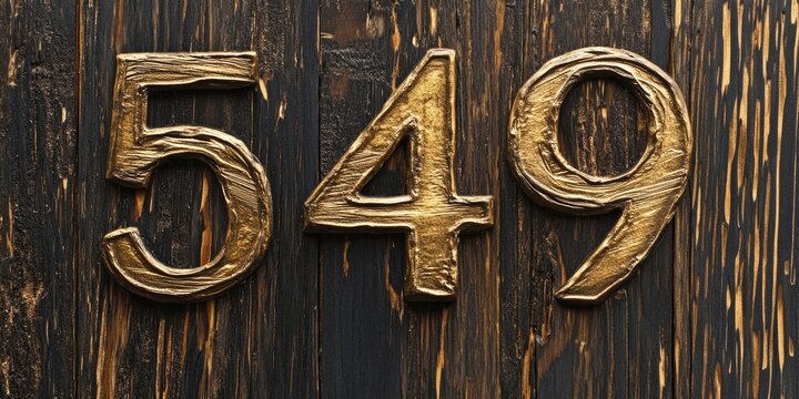 Gold numerals 549 displaying a textured finish on a dark brown to off-white wooden background with rich grain patterns and deep shadows.