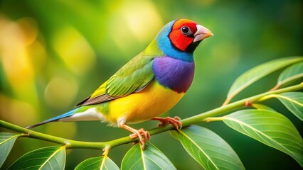 Vibrant Gouldian Finch Perched on Branch, Exotic Bird, Wildlife Photography