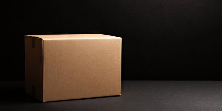 Closed brown cardboard box positioned at the center against a solid black background with ample copy space for branding or text display.