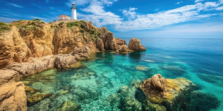 Coastal lighthouse perched on rocky cliff above clear turquoise ocean water with vibrant coral reefs and bright blue sky in the background