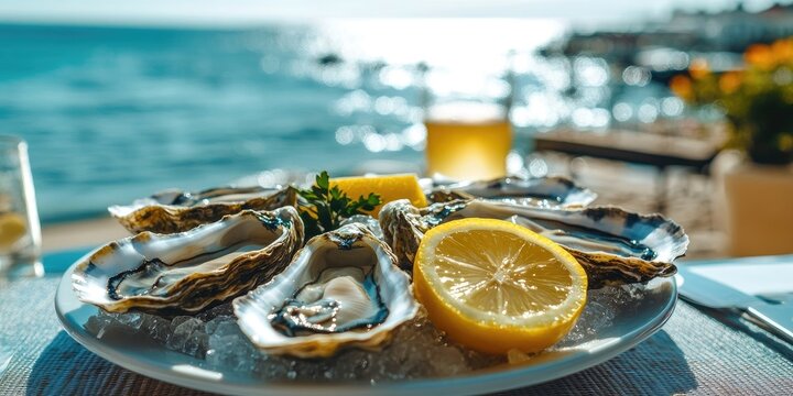 Seaside cafe setting featuring fresh oysters on ice with lemon slices garnished by green herbs, ocean view and sunlit water reflections.